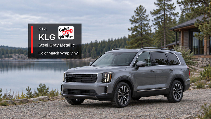 Illustrative three-row SUV in Kia KLG Steel Gray Metallic with Color Match Wrap branding