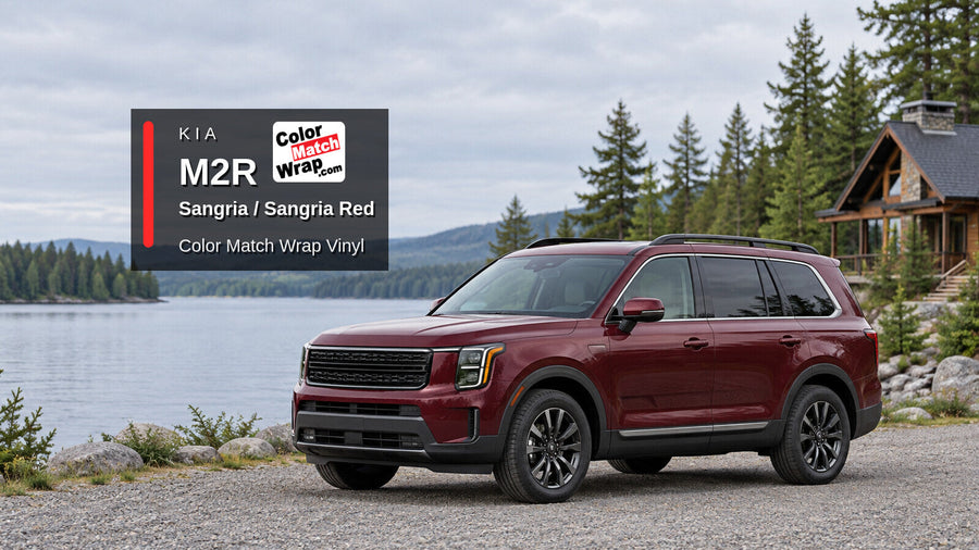 Illustrative three-row SUV in Kia M2R Sangria / Sangria Red with Color Match Wrap branding