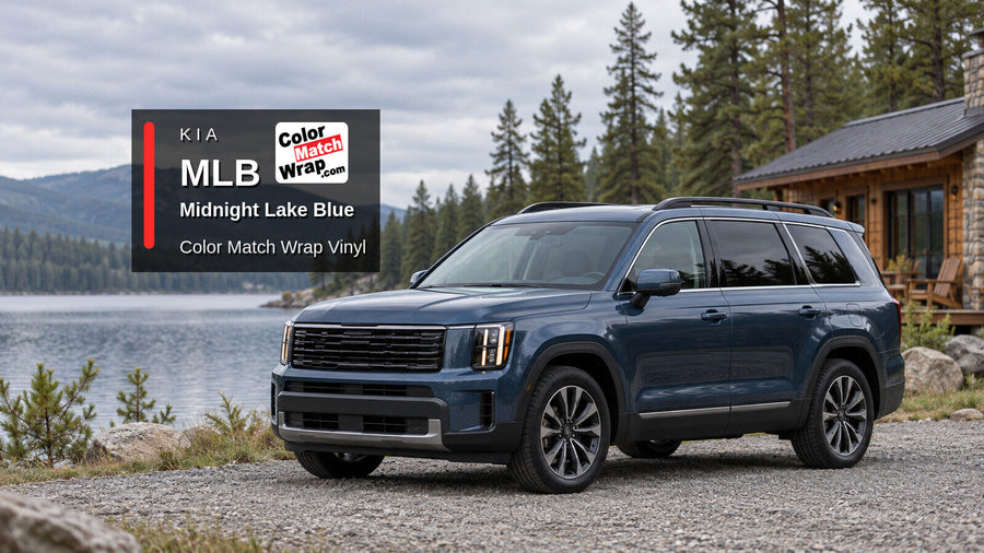 Illustrative three-row SUV in Kia MLB Midnight Lake Blue with Color Match Wrap branding