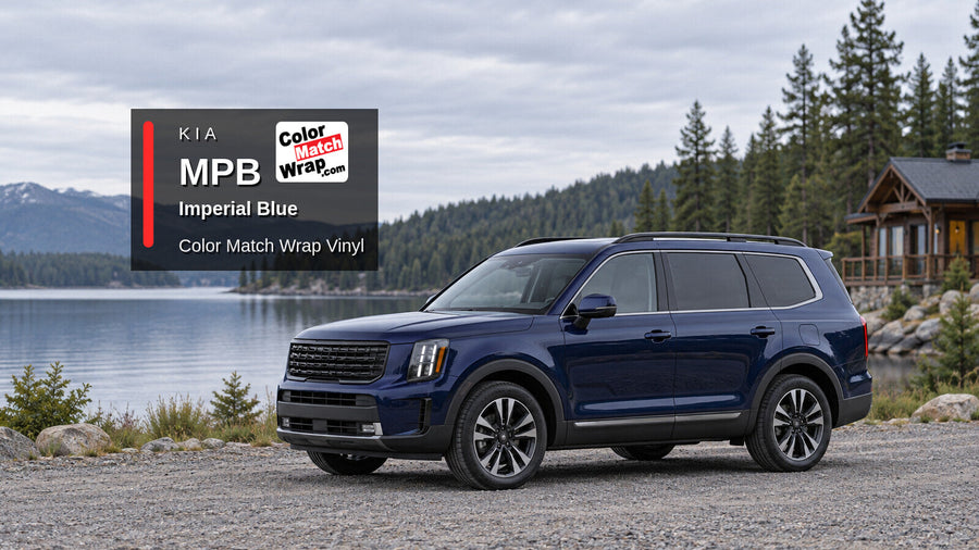 Illustrative three-row SUV in Kia MPB Imperial Blue with Color Match Wrap branding