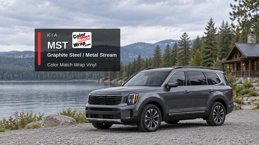 Illustrative three-row SUV in Kia MST Graphite Steel / Metal Stream with Color Match Wrap branding
