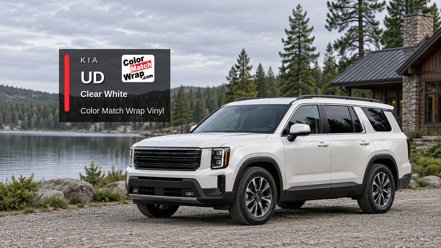 Illustrative three-row SUV in Kia UD Clear White with Color Match Wrap branding