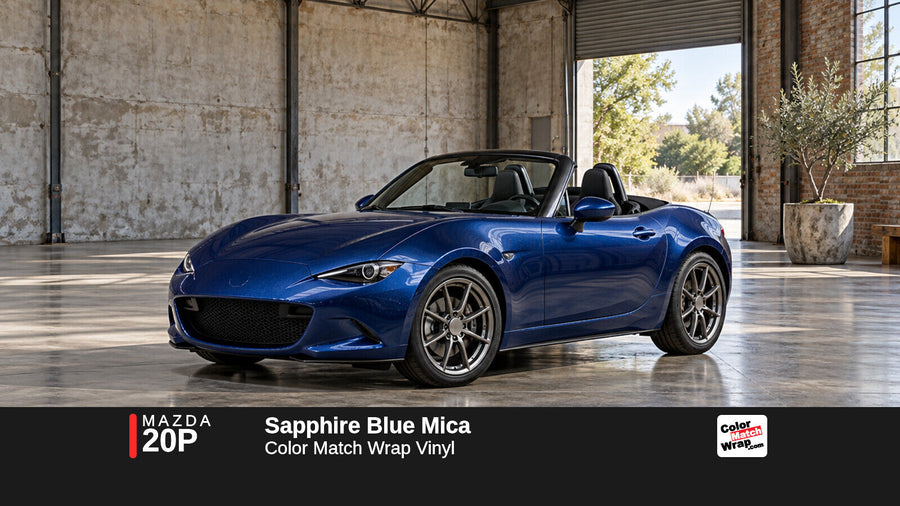 Illustrative MX-5 Miata-inspired roadster in Mazda 20P Sapphire Blue Mica with Color Match Wrap branding