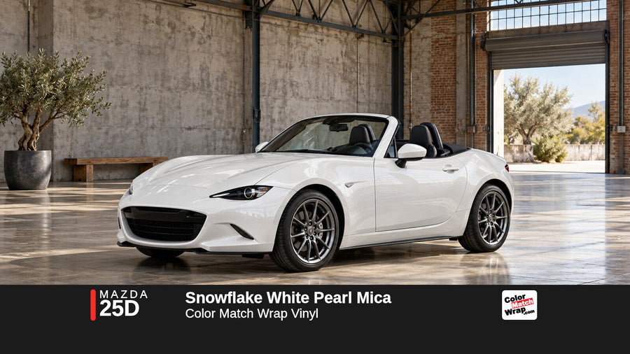 Illustrative MX-5 Miata-inspired roadster in Mazda 25D Snowflake White Pearl Mica with Color Match Wrap branding