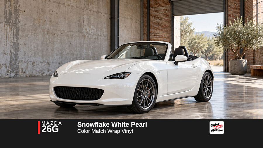 Illustrative MX-5 Miata-inspired roadster in Mazda 26G Snowflake White Pearl with Color Match Wrap branding