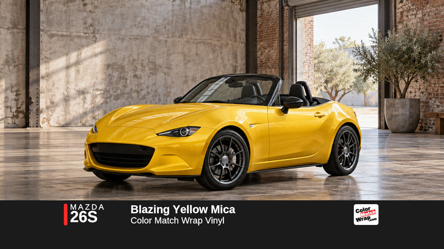 Illustrative MX-5 Miata-inspired roadster in Mazda 26S Blazing Yellow Mica with Color Match Wrap branding