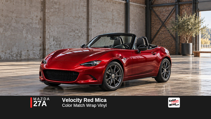 Illustrative MX-5 Miata-inspired roadster in Mazda 27A Velocity Red Mica with Color Match Wrap branding