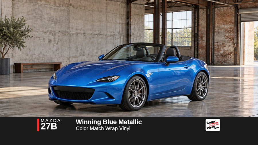 Illustrative MX-5 Miata-inspired roadster in Mazda 27B Winning Blue Metallic with Color Match Wrap branding