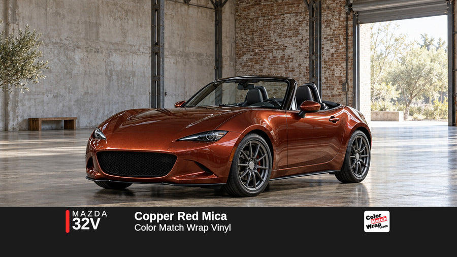 Illustrative MX-5 Miata-inspired roadster in Mazda 32V Copper Red Mica with Color Match Wrap branding