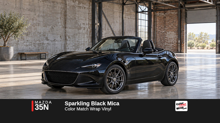 Illustrative MX-5 Miata-inspired roadster in Mazda 35N Sparkling Black Mica with Color Match Wrap branding
