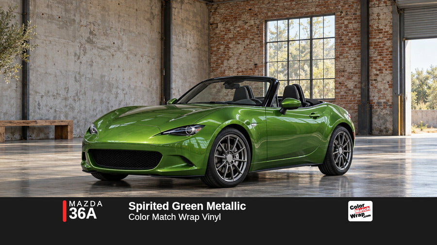 Illustrative MX-5 Miata-inspired roadster in Mazda 36A Spirited Green Metallic with Color Match Wrap branding