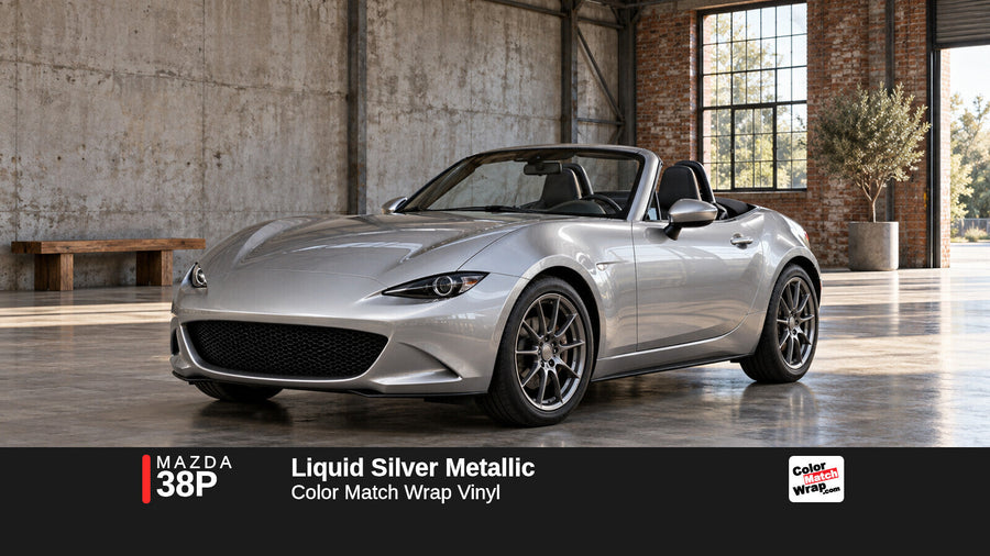 Illustrative MX-5 Miata-inspired roadster in Mazda 38P Liquid Silver Metallic with Color Match Wrap branding
