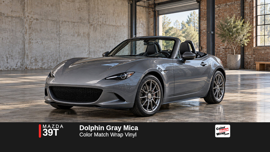 Illustrative MX-5 Miata-inspired roadster in Mazda 39T Dolphin Gray Mica with Color Match Wrap branding