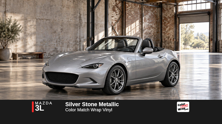 Illustrative MX-5 Miata-inspired roadster in Mazda 3L Silver Stone Metallic with Color Match Wrap branding