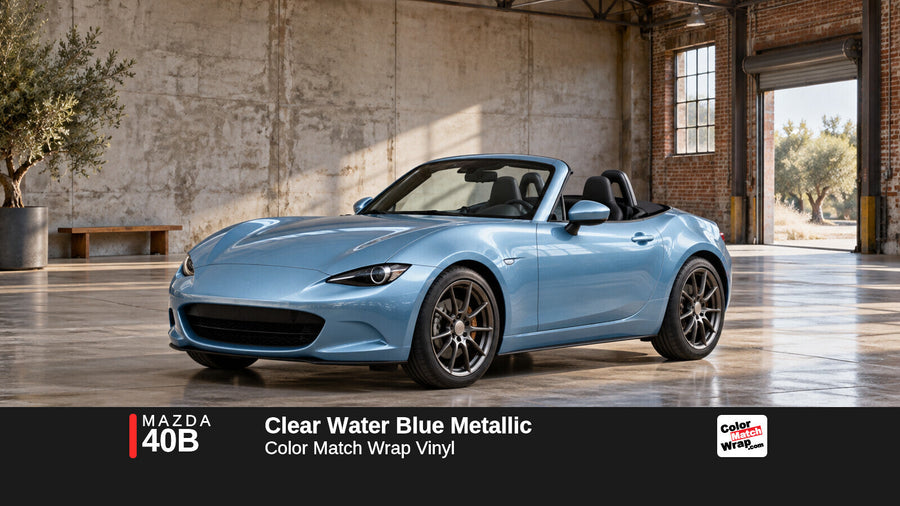 Illustrative MX-5 Miata-inspired roadster in Mazda 40B Clear Water Blue Metallic with Color Match Wrap branding
