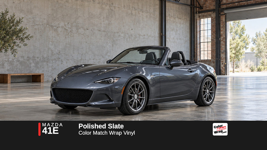 Illustrative MX-5 Miata-inspired roadster in Mazda 41E Polished Slate with Color Match Wrap branding