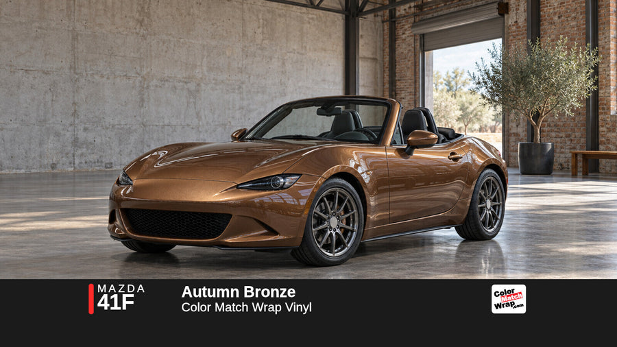 Illustrative MX-5 Miata-inspired roadster in Mazda 41F Autumn Bronze with Color Match Wrap branding