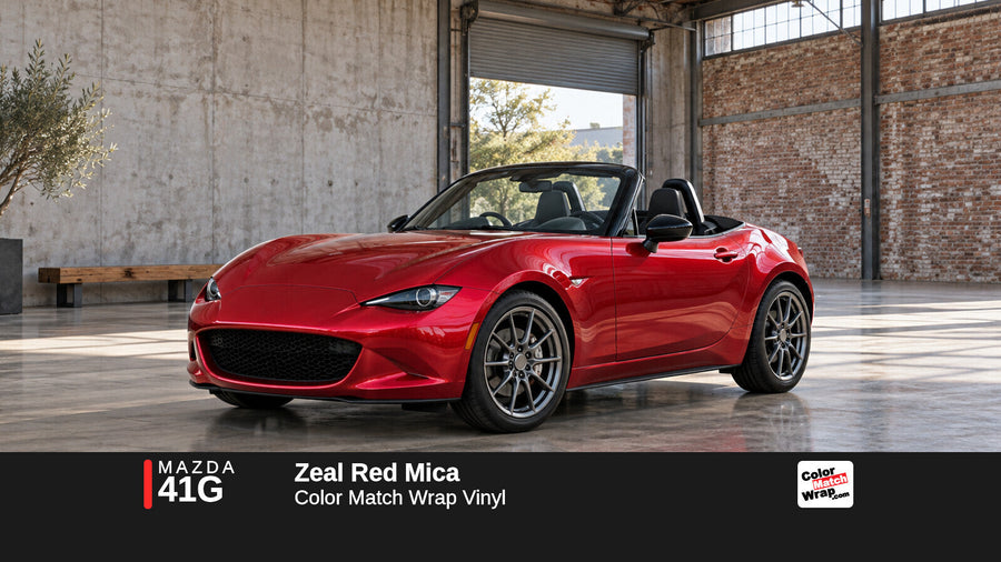 Illustrative MX-5 Miata-inspired roadster in Mazda 41G Zeal Red Mica with Color Match Wrap branding