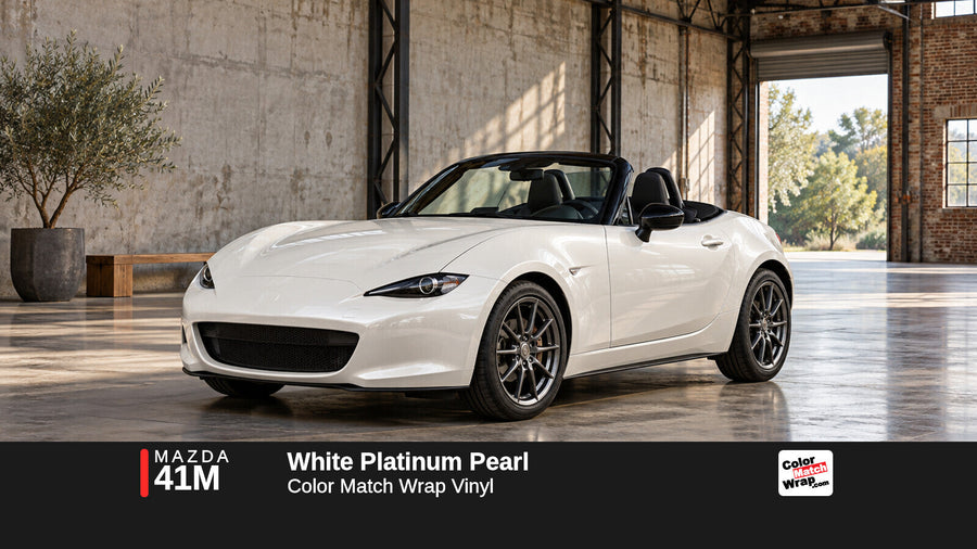 Illustrative MX-5 Miata-inspired roadster in Mazda 41M White Platinum Pearl with Color Match Wrap branding