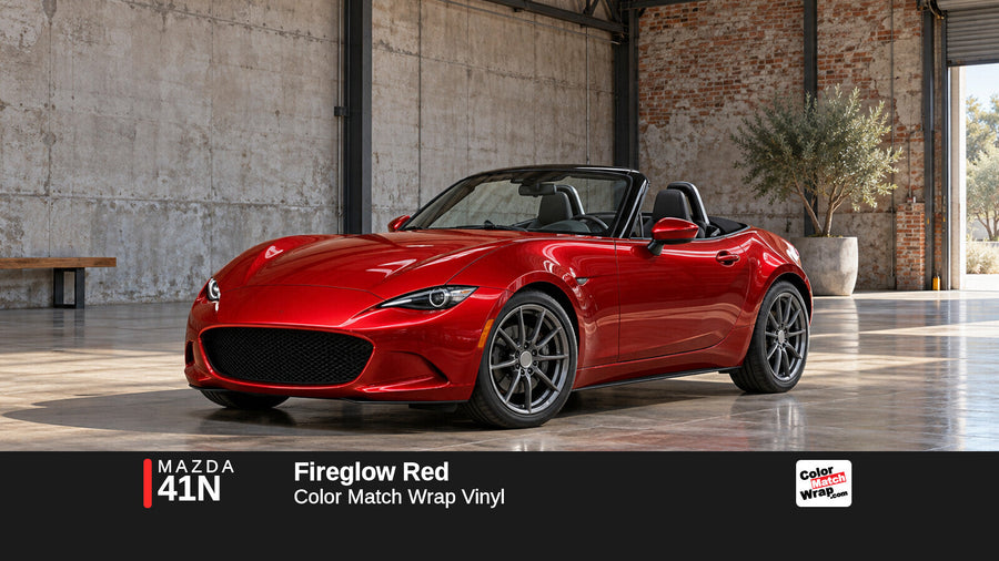 Illustrative MX-5 Miata-inspired roadster in Mazda 41N Fireglow Red with Color Match Wrap branding