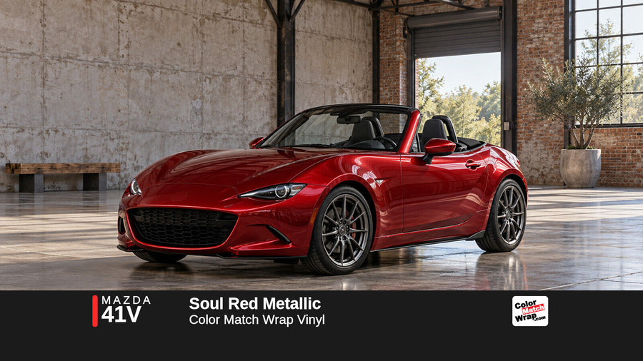 Illustrative MX-5 Miata-inspired roadster in Mazda 41V Soul Red Metallic with Color Match Wrap branding