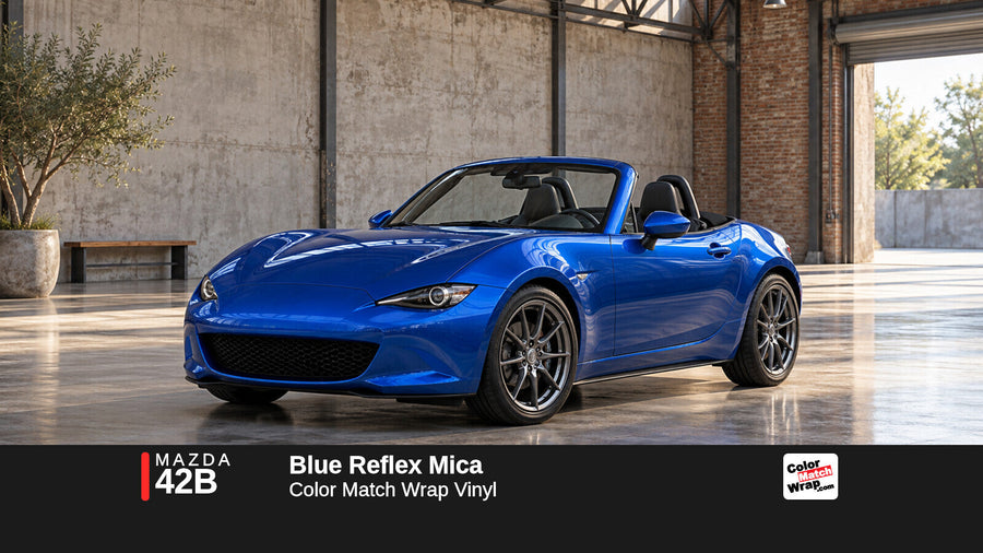 Illustrative MX-5 Miata-inspired roadster in Mazda 42B Blue Reflex Mica with Color Match Wrap branding