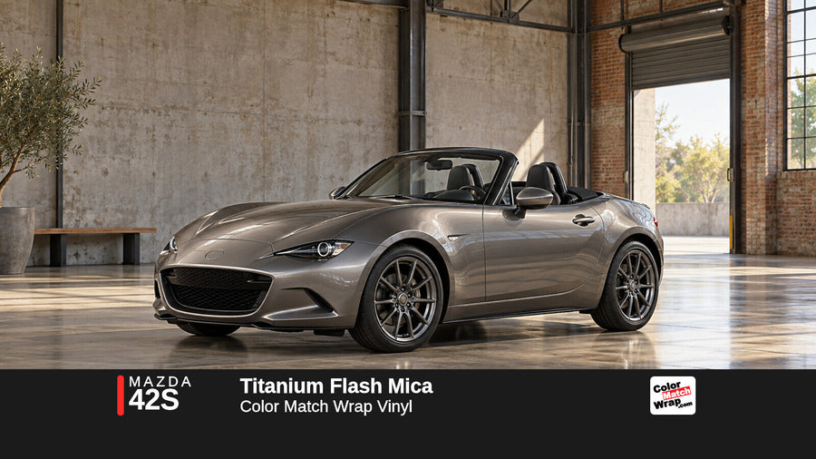 Illustrative MX-5 Miata-inspired roadster in Mazda 42S Titanium Flash Mica with Color Match Wrap branding