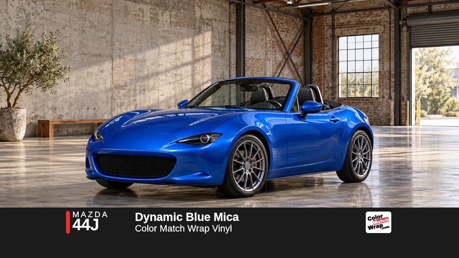 Illustrative MX-5 Miata-inspired roadster in Mazda 44J Dynamic Blue Mica with Color Match Wrap branding