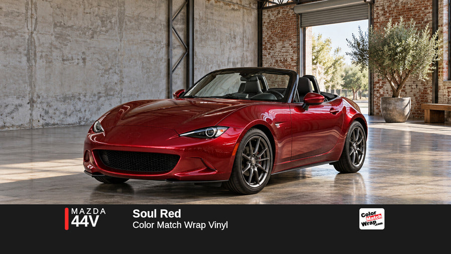 Illustrative MX-5 Miata-inspired roadster in Mazda 44V Soul Red with Color Match Wrap branding