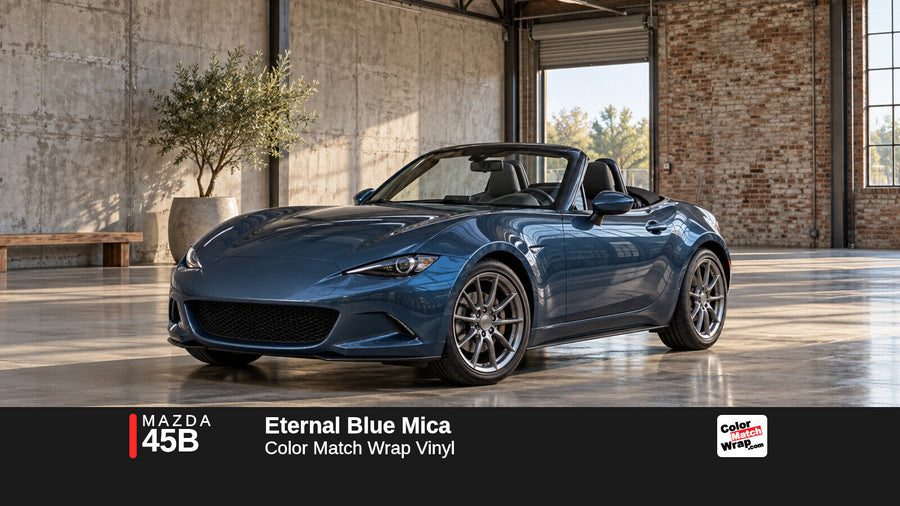 Illustrative MX-5 Miata-inspired roadster in Mazda 45B Eternal Blue Mica with Color Match Wrap branding