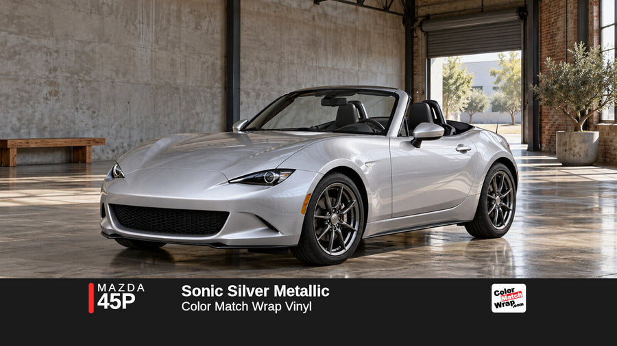 Illustrative MX-5 Miata-inspired roadster in Mazda 45P Sonic Silver Metallic with Color Match Wrap branding