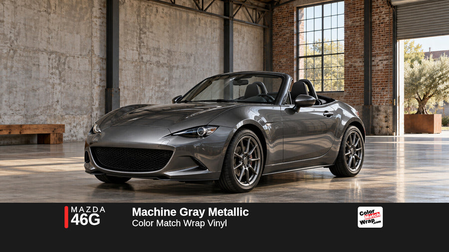 Illustrative MX-5 Miata-inspired roadster in Mazda 46G Machine Gray Metallic with Color Match Wrap branding