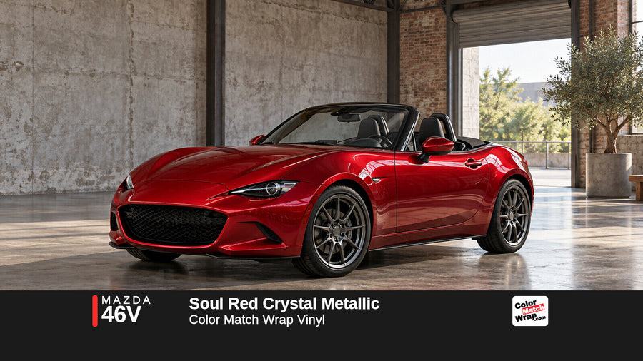 Illustrative MX-5 Miata-inspired roadster in Mazda 46V Soul Red Crystal Metallic with Color Match Wrap branding