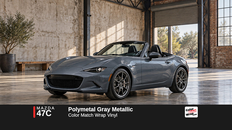 Illustrative MX-5 Miata-inspired roadster in Mazda 47C Polymetal Gray Metallic with Color Match Wrap branding