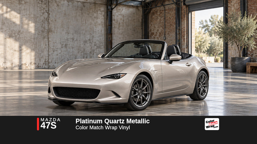 Illustrative MX-5 Miata-inspired roadster in Mazda 47S Platinum Quartz Metallic with Color Match Wrap branding