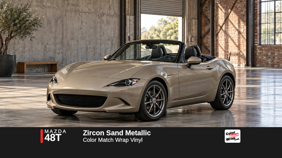 Illustrative MX-5 Miata-inspired roadster in Mazda 48T Zircon Sand Metallic with Color Match Wrap branding