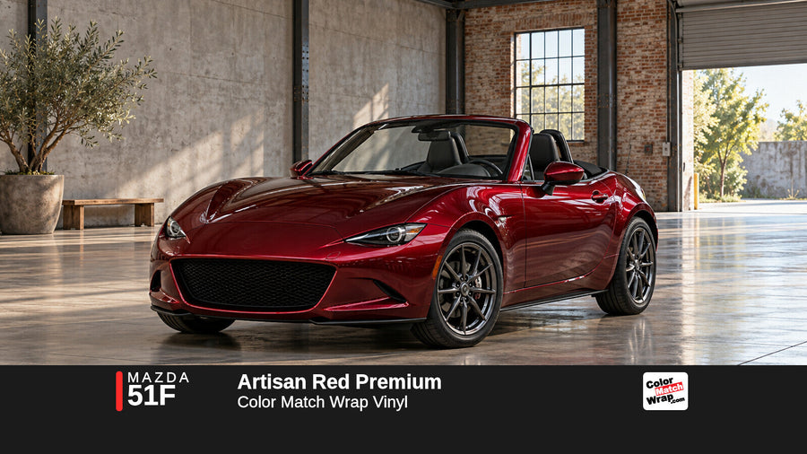 Illustrative MX-5 Miata-inspired roadster in Mazda 51F Artisan Red Premium with Color Match Wrap branding