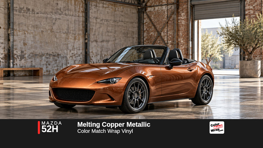 Illustrative MX-5 Miata-inspired roadster in Mazda 52H Melting Copper Metallic with Color Match Wrap branding
