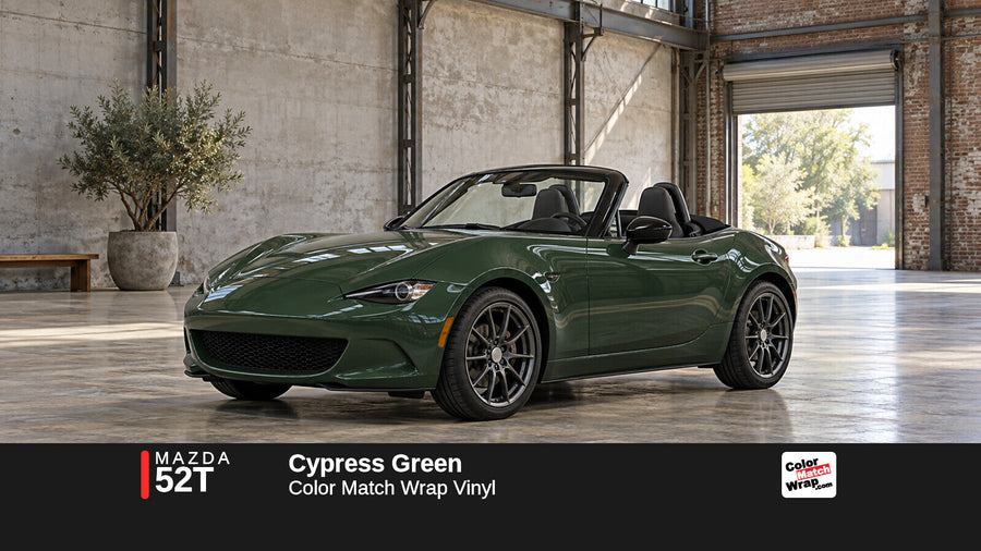 Illustrative MX-5 Miata-inspired roadster in Mazda 52T Cypress Green with Color Match Wrap branding