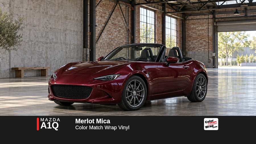 Illustrative MX-5 Miata-inspired roadster in Mazda A1Q Merlot Mica with Color Match Wrap branding