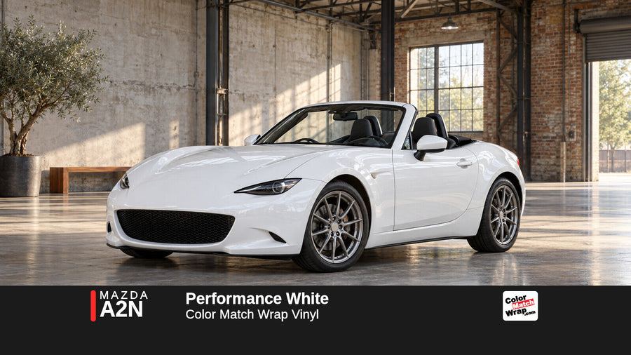 Illustrative MX-5 Miata-inspired roadster in Mazda A2N Performance White with Color Match Wrap branding
