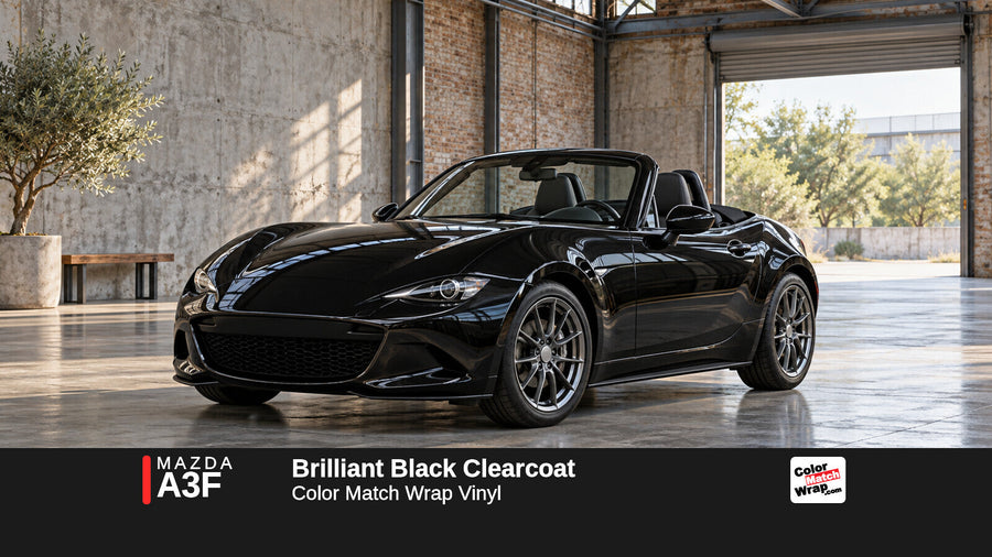 Illustrative MX-5 Miata-inspired roadster in Mazda A3F Brilliant Black Clearcoat with Color Match Wrap branding