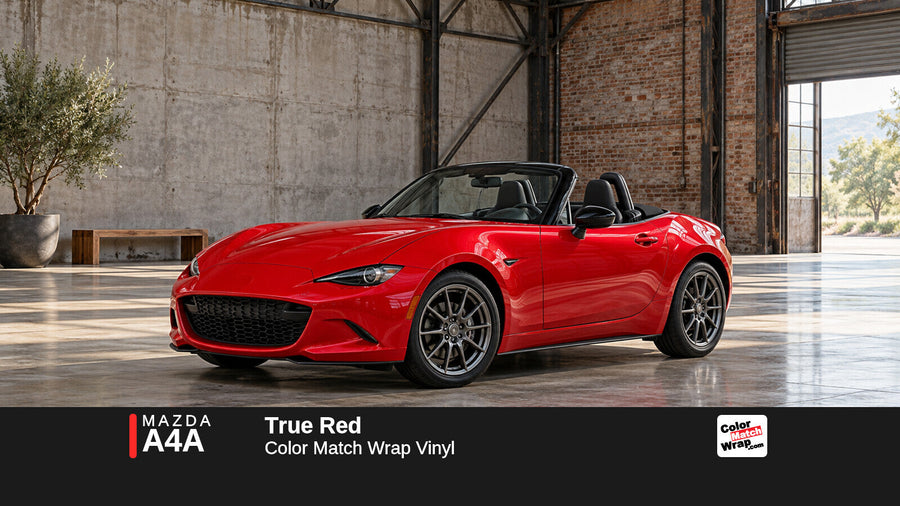 Illustrative MX-5 Miata-inspired roadster in Mazda A4A True Red with Color Match Wrap branding