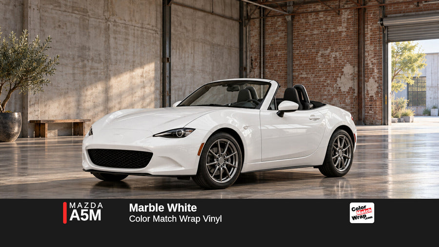 Illustrative MX-5 Miata-inspired roadster in Mazda A5M Marble White with Color Match Wrap branding
