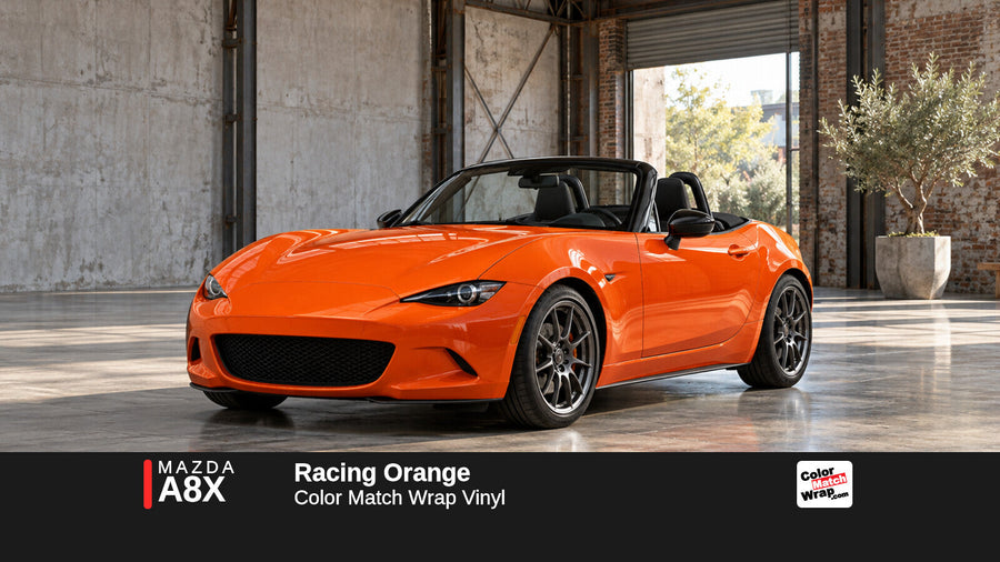 Illustrative MX-5 Miata-inspired roadster in Mazda A8X Racing Orange with Color Match Wrap branding