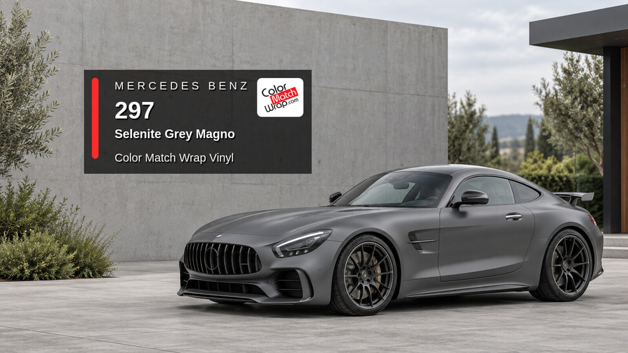 Illustrative AMG GT R-inspired sports coupe in Mercedes Benz / AMG 297 Selenite Grey Magno with Color Match Wrap branding