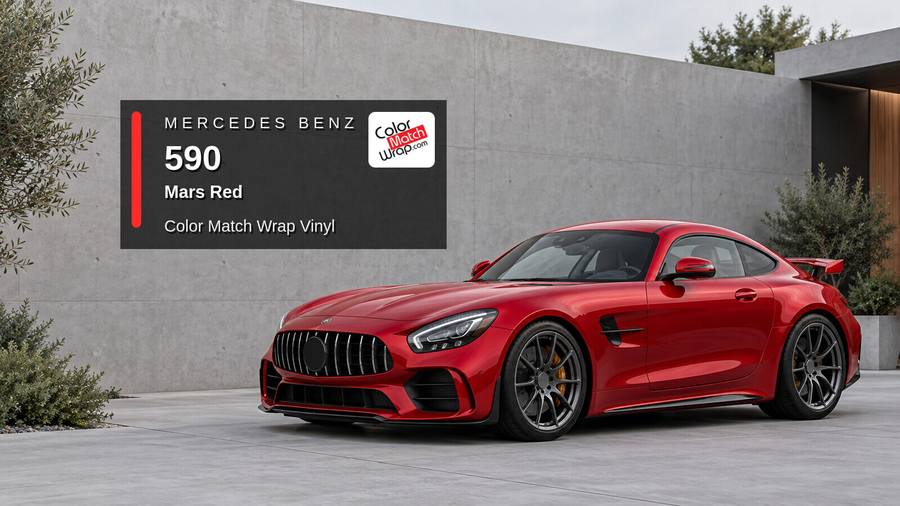 Illustrative AMG GT R-inspired sports coupe in Mercedes Benz / AMG 590 Mars Red with Color Match Wrap branding