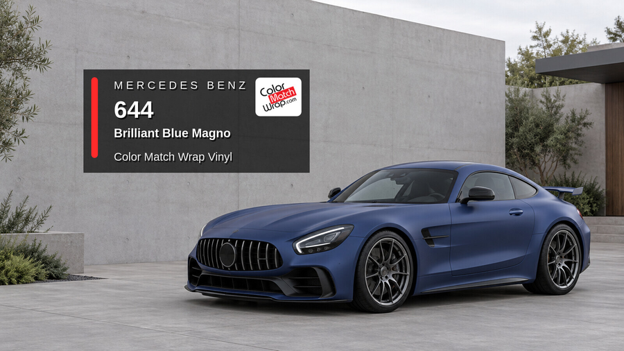 Illustrative AMG GT R-inspired sports coupe in Mercedes Benz / AMG 644 Brilliant Blue Magno with Color Match Wrap branding