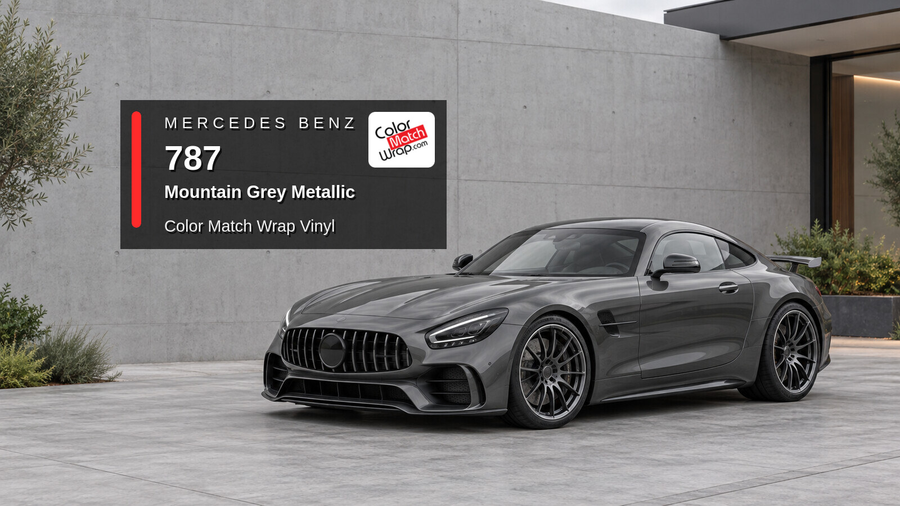 Illustrative AMG GT R-inspired sports coupe in Mercedes Benz / AMG 787 Mountain Grey Metallic with Color Match Wrap branding
