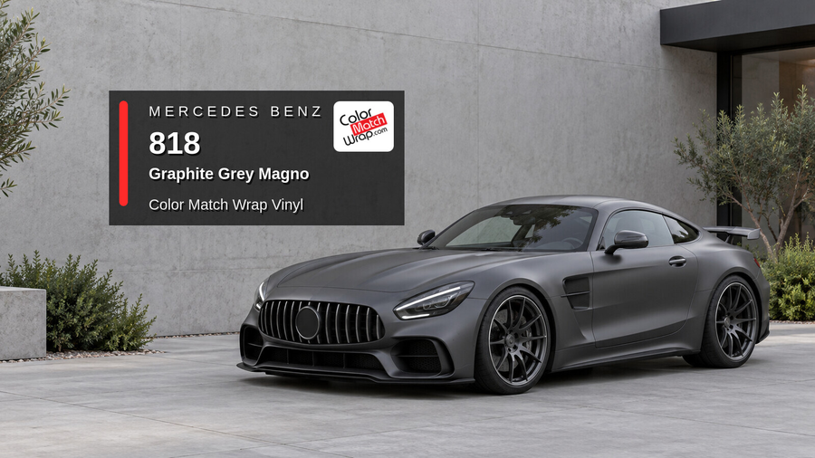 Illustrative AMG GT R-inspired sports coupe in Mercedes Benz / AMG 818 Graphite Grey Magno with Color Match Wrap branding